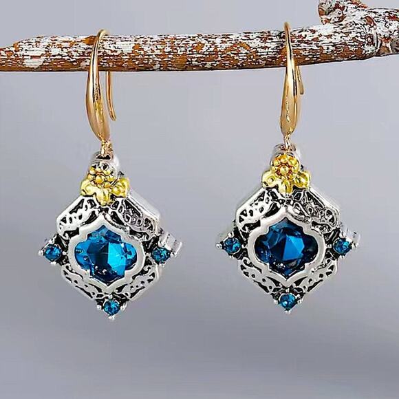Vintage Blue Topaz Crystal Zircon Two Tone Dangle Earrings - Picture 2 of 5